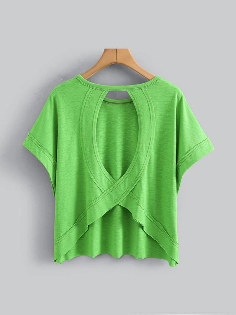 Women'S Plain Cut Out Asymmetrical Hem Batwing Sleeve Tee, Casual Short Sleeve round Neck T-Shirt for Summer, Ladies Clothes for Daily Wear, Tops, Womenswear