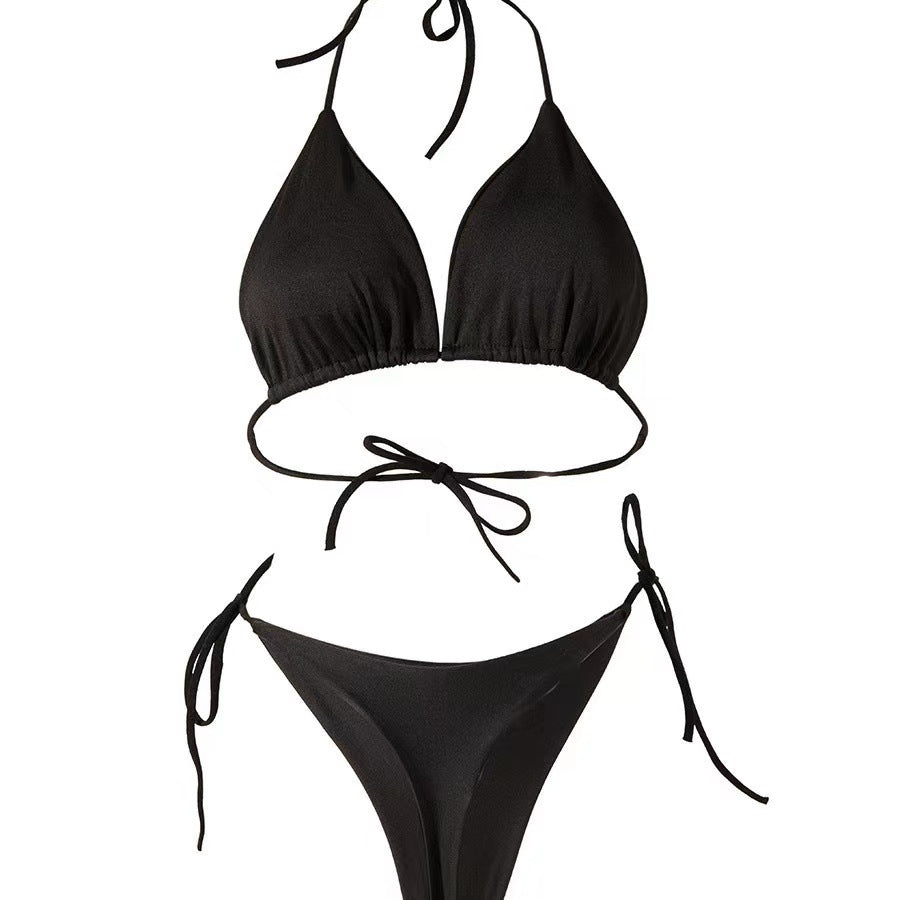 Solid Color Lace-Up Bikini Three-Point T-Back Swimsuit Suit with Chest Pad Beach Womens Clothing