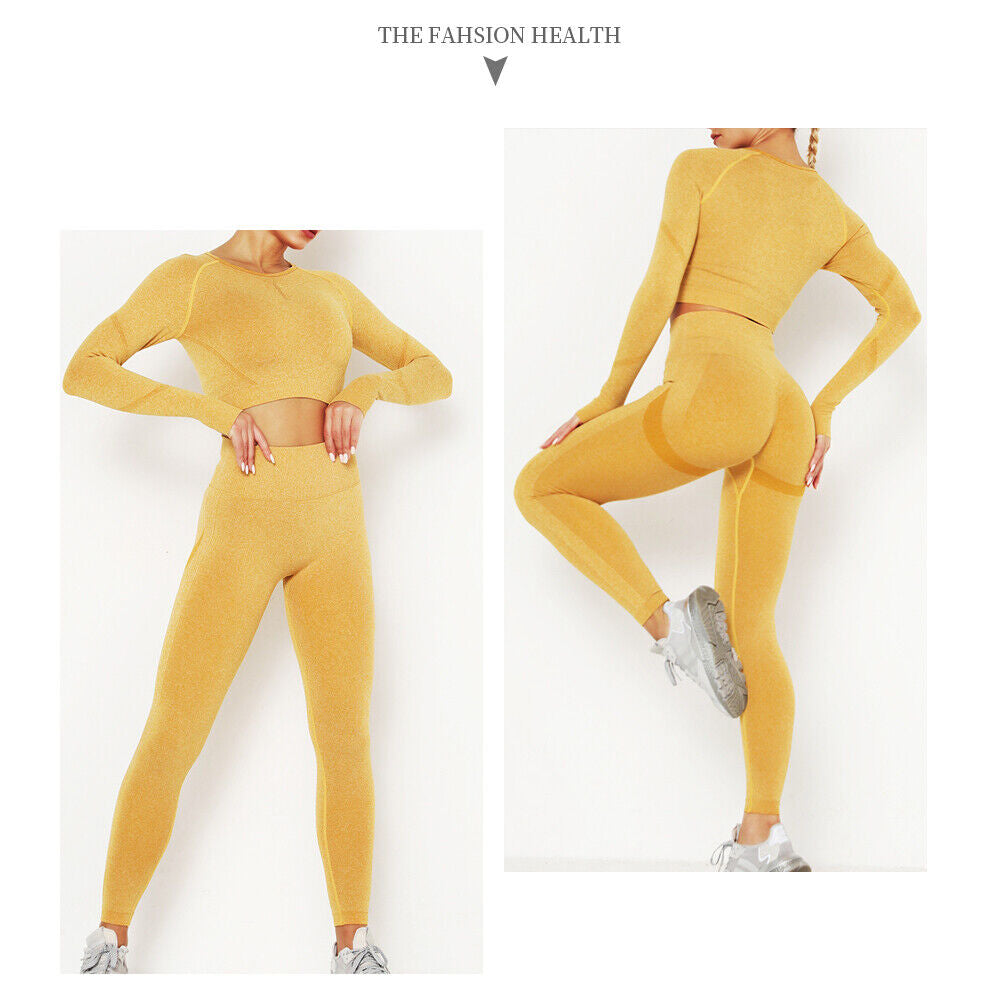 Women Comfort Long Sleeve Crop Top Yoga Suit Gym Leggings Pants Gym Workout Set