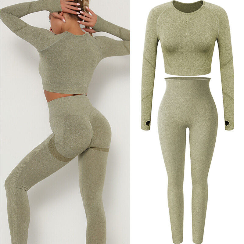 Women Comfort Long Sleeve Crop Top Yoga Suit Gym Leggings Pants Gym Workout Set
