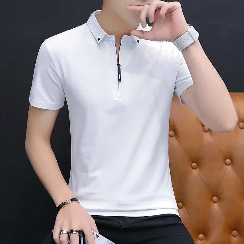 Summer Fashion 2026 Mens Tshirts Summer Cotton T Shirt Men Short Sleeve Turn-Down Collar Korean Style Men T Shirt