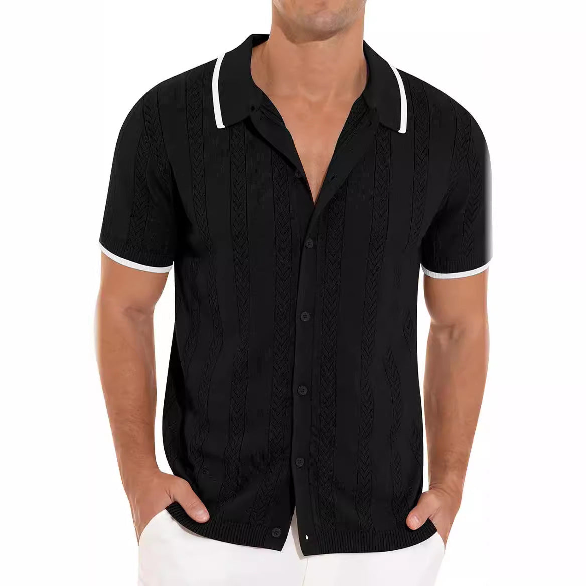 Lapel Short-Sleeved Shirt Summer Fashion Casual Stitching Color Hollow Breathable Cardigan Top Men'S Clothing
