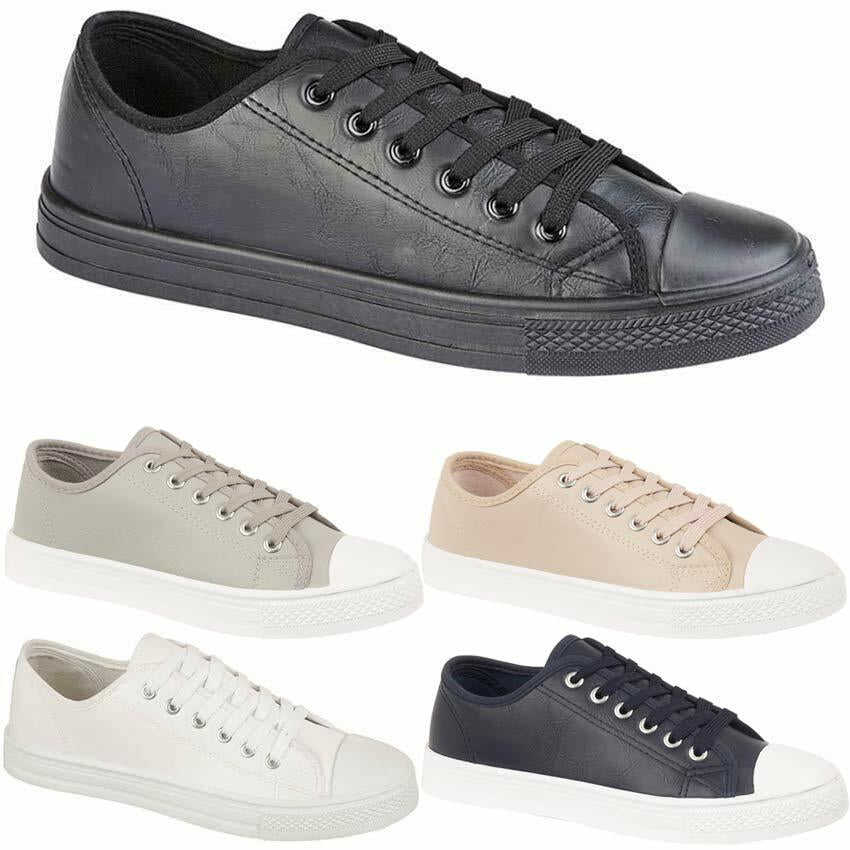 Ladies Lace up Casual Retro Faux Leather Deck Plimsolls Gym Trainers Pumps Shoes