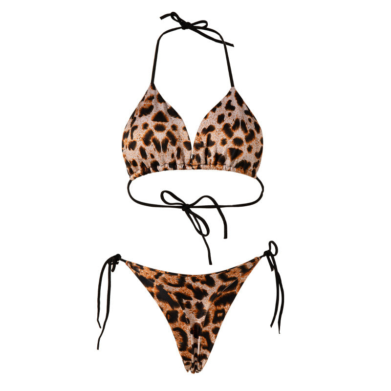 Solid Color Lace-Up Bikini Three-Point T-Back Swimsuit Suit with Chest Pad Beach Womens Clothing