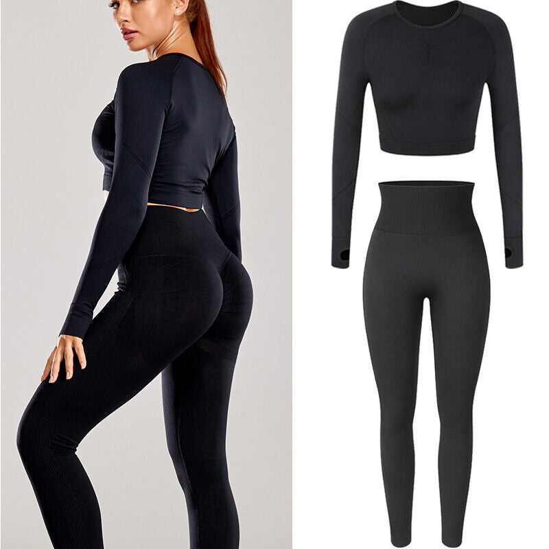Women Comfort Long Sleeve Crop Top Yoga Suit Gym Leggings Pants Gym Workout Set