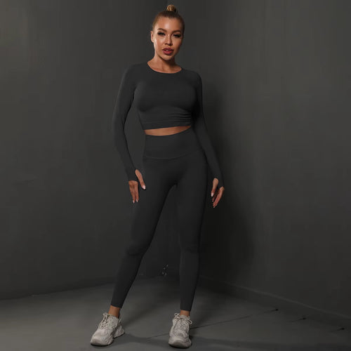 2Pcs Women Sets Energy Seamless Gym Suits Bubble Butt Sports Pants+Long Sleeve Shirts Push up Running Sets Tracksuits Tights Set