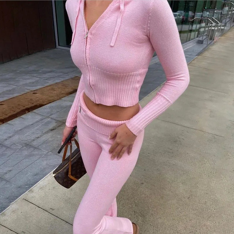 Women's Knitted 2-Piece Tracksuit: Long Sleeve Zipper Hooded Sweater and Flare Pants Matching Set