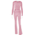 Women's Knitted 2-Piece Tracksuit: Long Sleeve Zipper Hooded Sweater and Flare Pants Matching Set