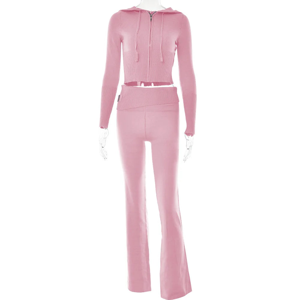 Women's Knitted 2-Piece Tracksuit: Long Sleeve Zipper Hooded Sweater and Flare Pants Matching Set