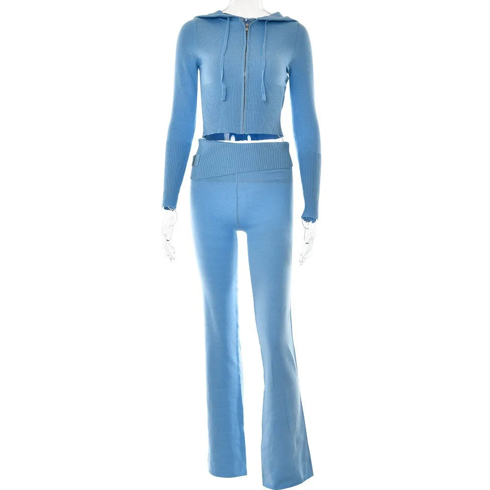 Women's Knitted 2-Piece Tracksuit: Long Sleeve Zipper Hooded Sweater and Flare Pants Matching Set
