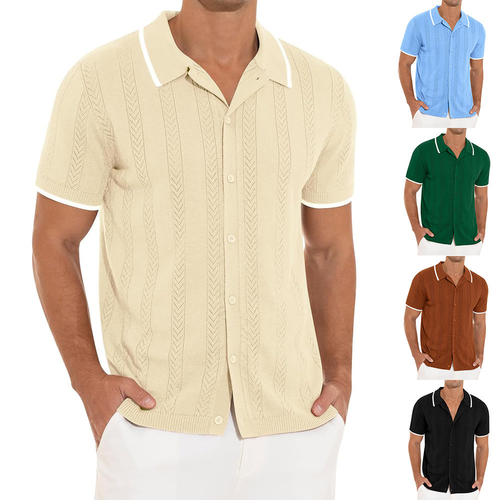 Lapel Short-Sleeved Shirt Summer Fashion Casual Stitching Color Hollow Breathable Cardigan Top Men'S Clothing