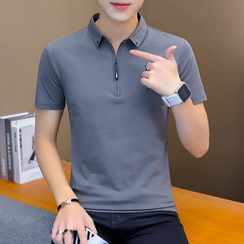 Summer Fashion 2026 Mens Tshirts Summer Cotton T Shirt Men Short Sleeve Turn-Down Collar Korean Style Men T Shirt