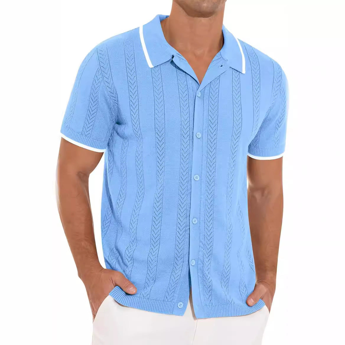 Lapel Short-Sleeved Shirt Summer Fashion Casual Stitching Color Hollow Breathable Cardigan Top Men'S Clothing