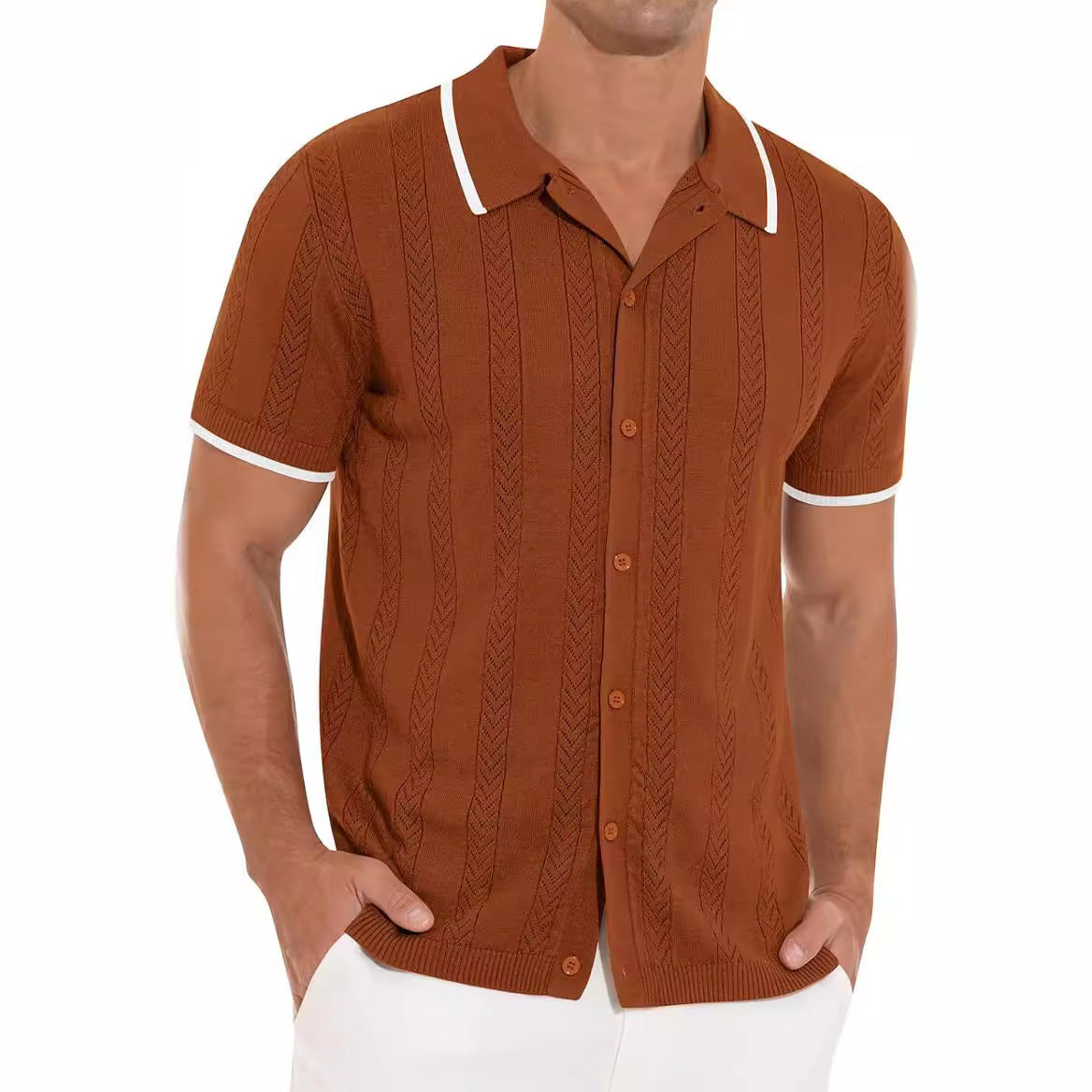 Lapel Short-Sleeved Shirt Summer Fashion Casual Stitching Color Hollow Breathable Cardigan Top Men'S Clothing