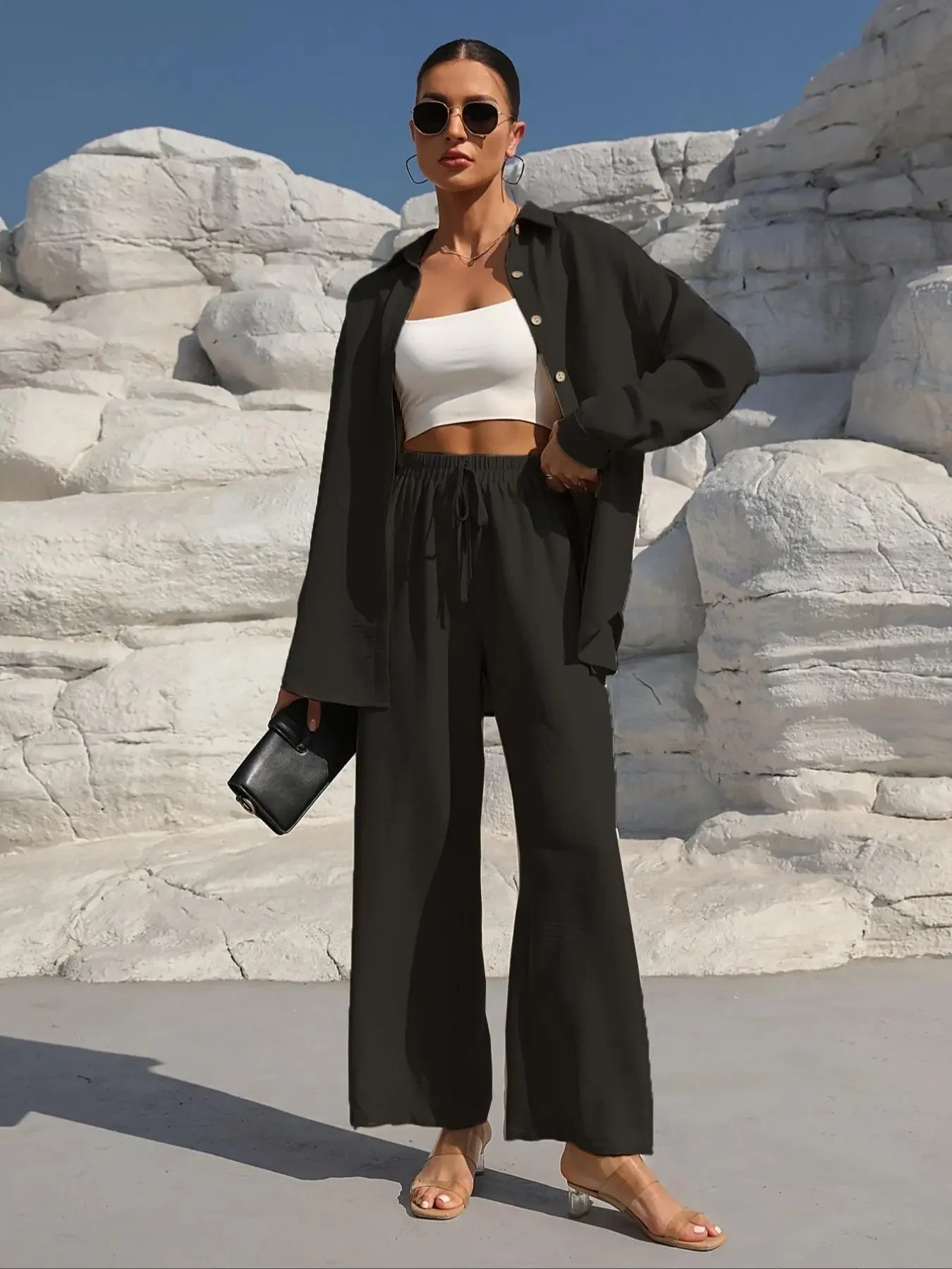 Women'S Solid Collared Button Front Shirt & Tie Front Wide Leg Pants Two-Piece Set, Casual Drop Shoulder Long Sleeve Fitted Top & High Waist Trousers for Spring & Fall, Linen Set, Loose Pant Sets, Casual Matching Sets, Womenswear