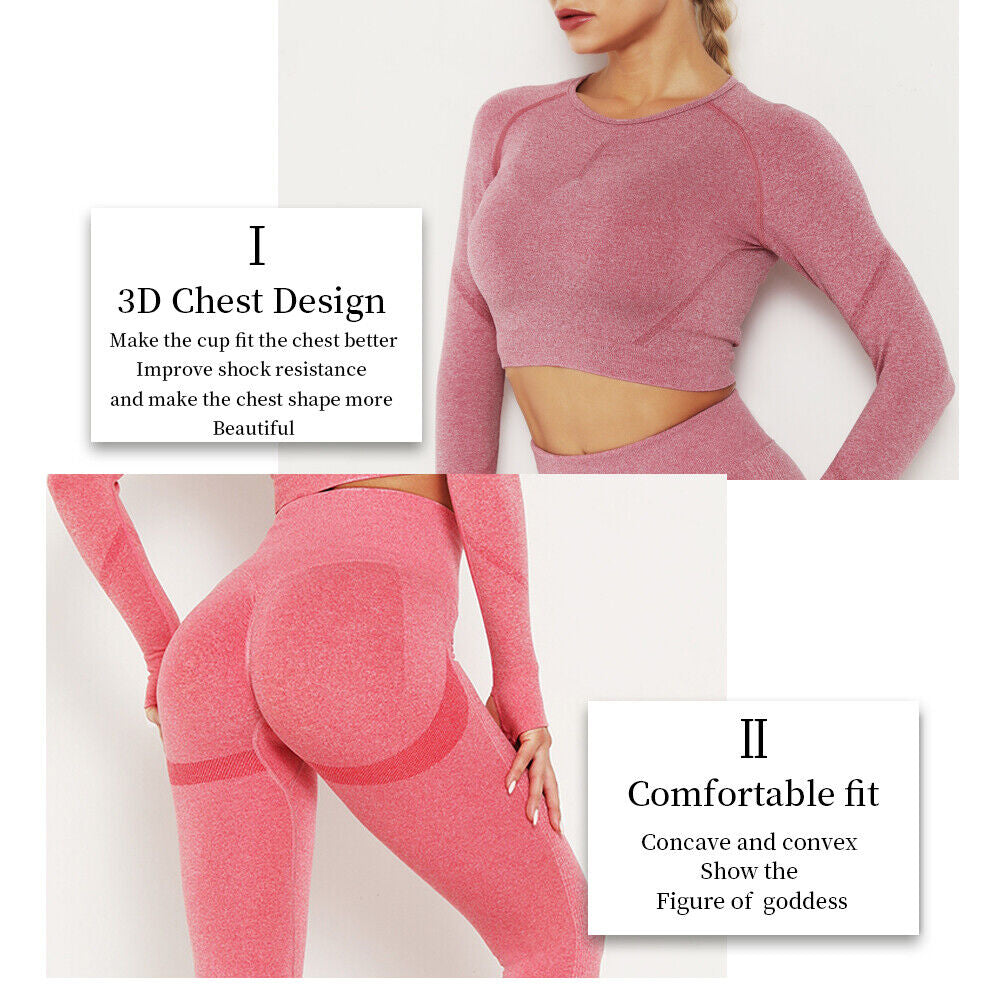 Women Comfort Long Sleeve Crop Top Yoga Suit Gym Leggings Pants Gym Workout Set