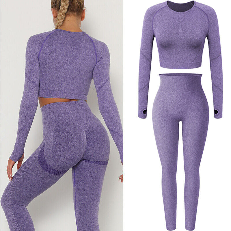 Women Comfort Long Sleeve Crop Top Yoga Suit Gym Leggings Pants Gym Workout Set