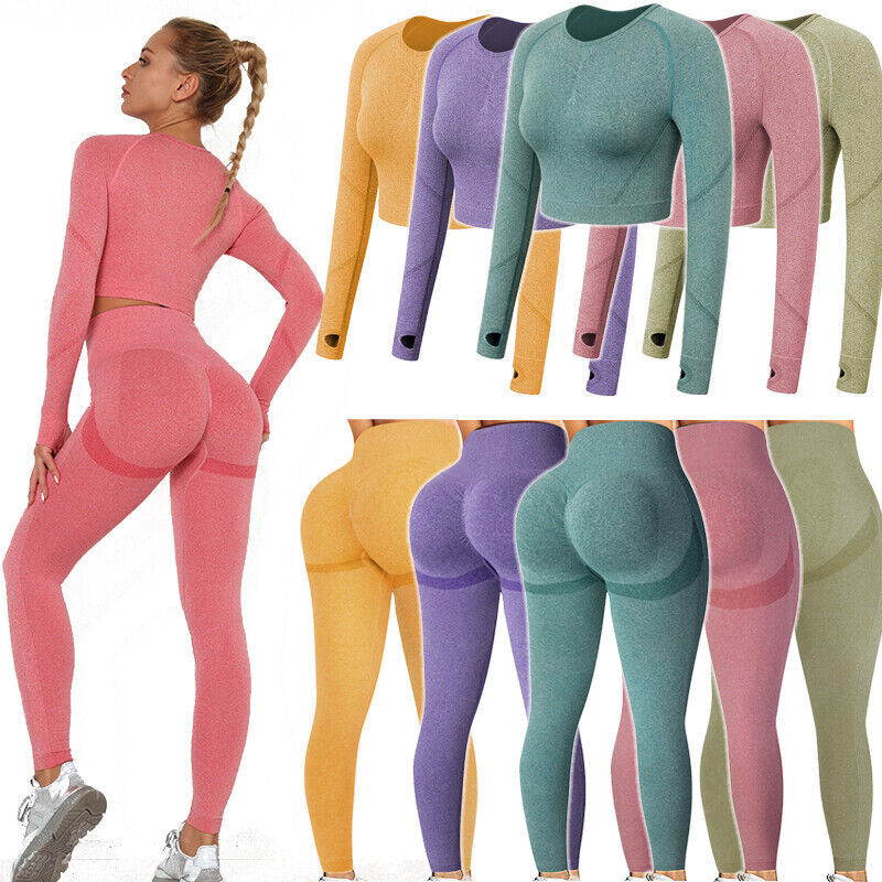Women Comfort Long Sleeve Crop Top Yoga Suit Gym Leggings Pants Gym Workout Set