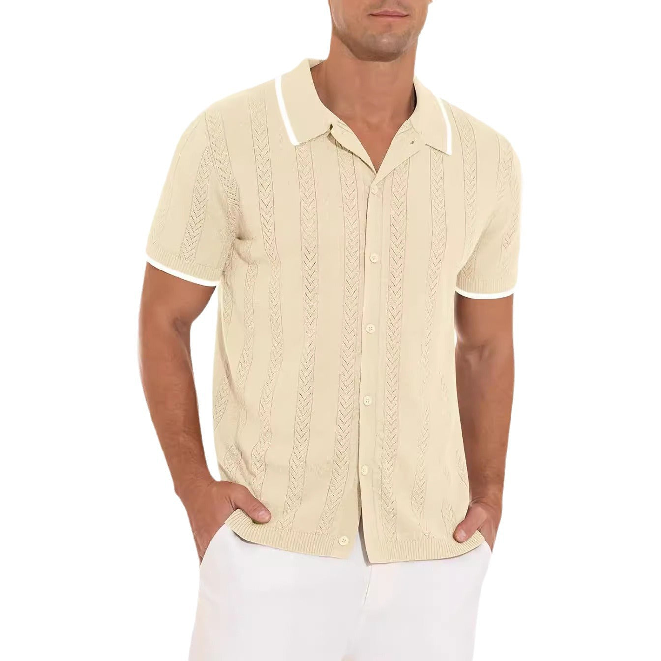 Lapel Short-Sleeved Shirt Summer Fashion Casual Stitching Color Hollow Breathable Cardigan Top Men'S Clothing