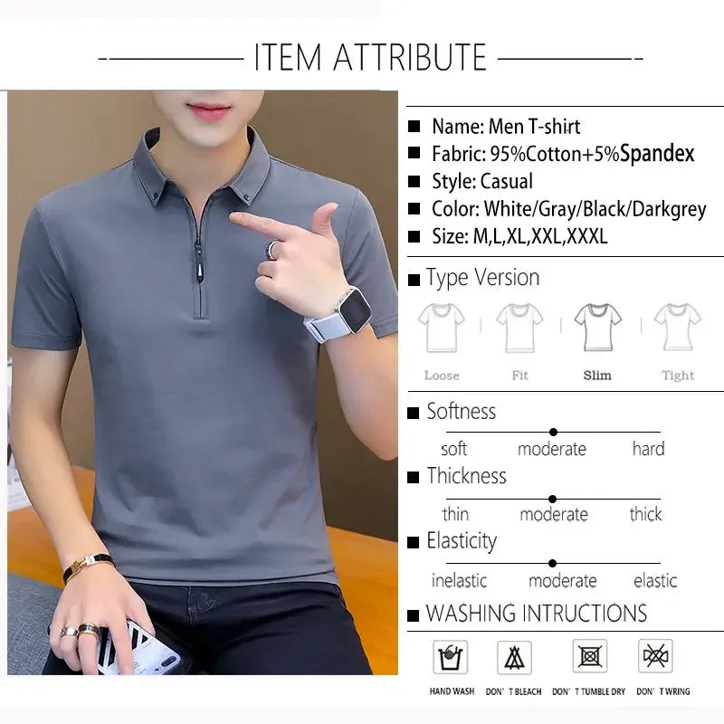 Summer Fashion 2026 Mens Tshirts Summer Cotton T Shirt Men Short Sleeve Turn-Down Collar Korean Style Men T Shirt