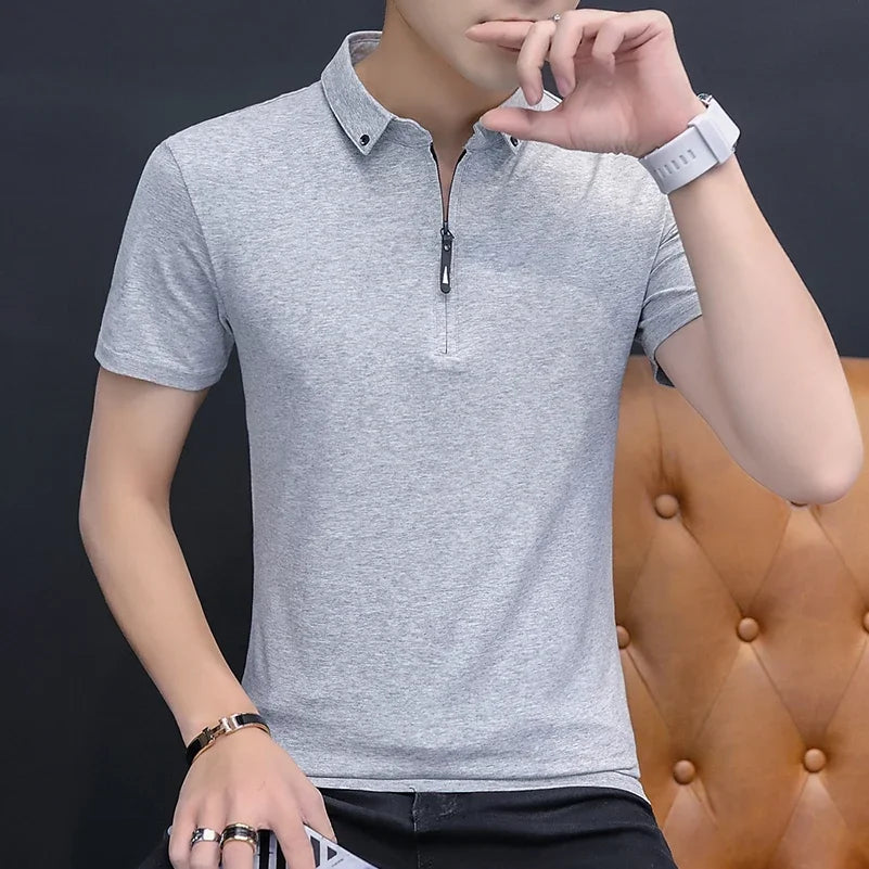 Summer Fashion 2026 Mens Tshirts Summer Cotton T Shirt Men Short Sleeve Turn-Down Collar Korean Style Men T Shirt