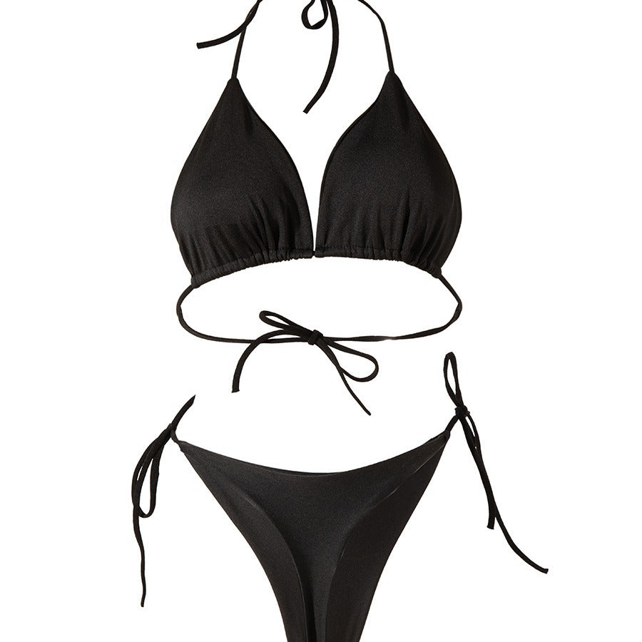 Solid Color Lace-Up Bikini Three-Point T-Back Swimsuit Suit with Chest Pad Beach Womens Clothing