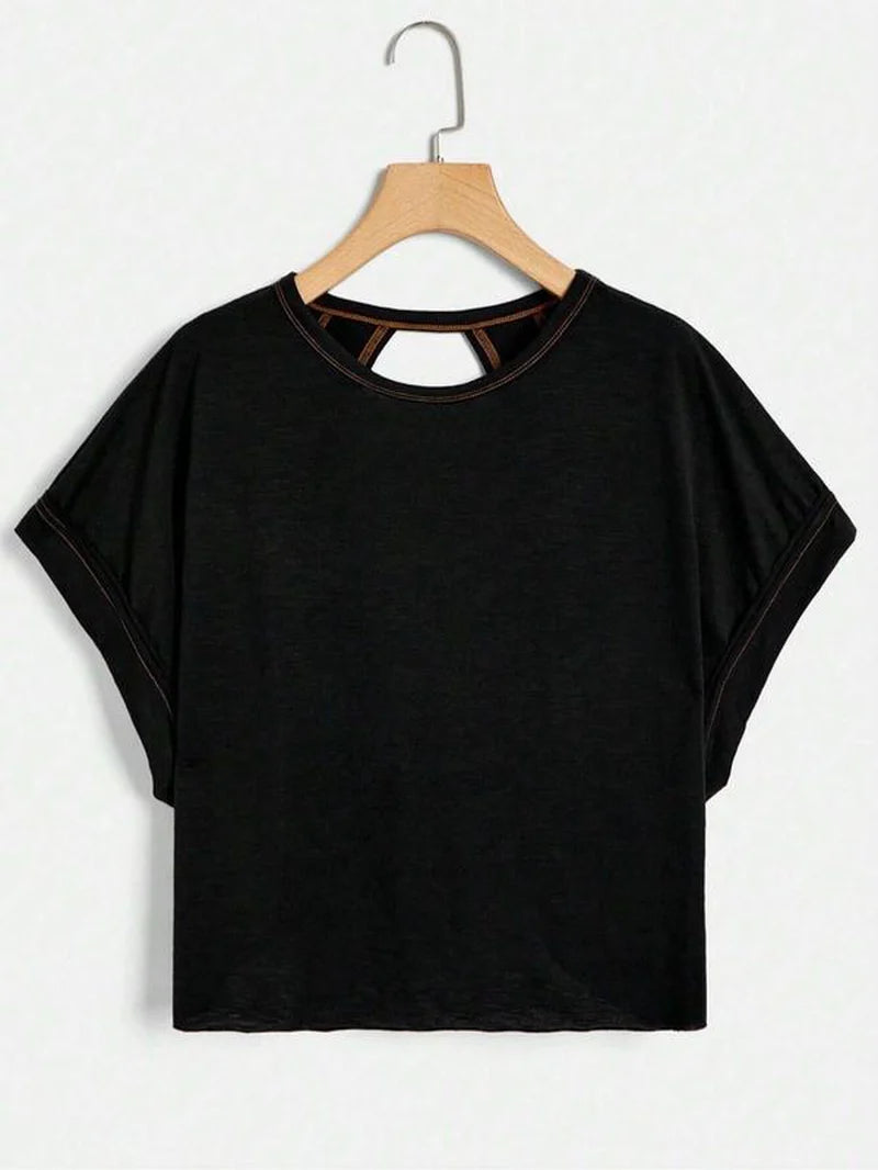 Women'S Plain Cut Out Asymmetrical Hem Batwing Sleeve Tee, Casual Short Sleeve round Neck T-Shirt for Summer, Ladies Clothes for Daily Wear, Tops, Womenswear